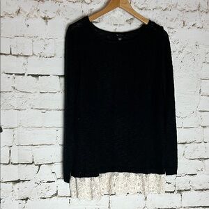 AB Studio Black Knit Sweater with Cream Lace Hem